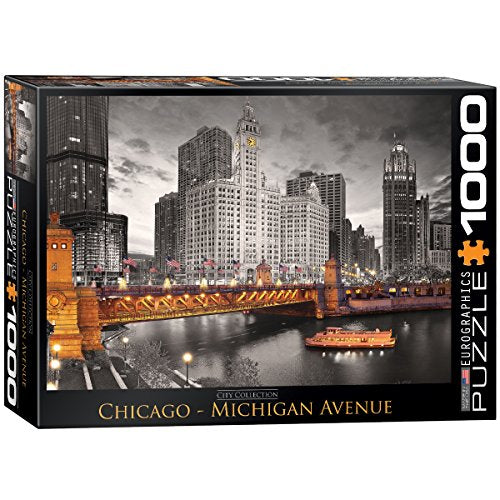 Bundle of 2 |EuroGraphics Chicago Michigan Avenue Puzzle (1000-Piece) + Smart Puzzle Glue Sheets