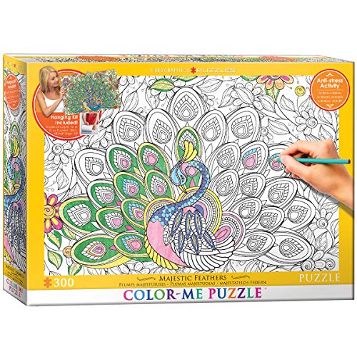 Bundle of 2 |EuroGraphics Majestic Feathers Color Me Puzzle (300-Piece) + Smart Puzzle Glue Sheets