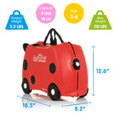 Trunki Ride-On Kids Suitcase | Tow-Along Toddler Luggage | Carry-On Cute Bag with Wheels | Kids Luggage and Airplane Travel Essentials: Harley Ladybug Red