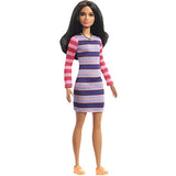 Barbie Fashionistas Doll with Long Brunette Hair Wearing Striped Dress, Orange Shoes & Necklace, Toy for Kids 3 to 8 Years Old