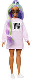 Barbie Fashionistas Doll with Long Rainbow Hair Wearing Sweatshirt Dress and Accessories, for 3 to 8 Year Olds