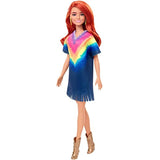 Barbie Fashionistas Doll with Long Red Hair Wearing Tie-Dye Fringe Dress, Golden Boots & Earrings, Toy for Kids 3 to 8 Years Old
