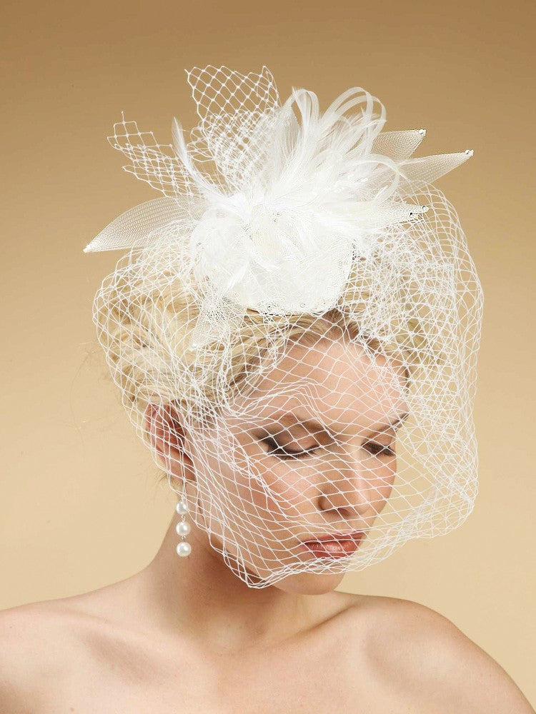 Bridal Cocktail Hat with Feathers & Birdcage Veil 3333H
