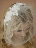 Double Flower Lace Applique on Handmade Tulle Birdcage Blusher Veil 4100V