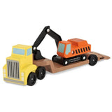 3 Item Bundle: Melissa and Doug 4550 Low Loader and 4577 Trailer Excavator Wooden Trucks + Activity Book