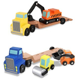 3 Item Bundle: Melissa and Doug 4550 Low Loader and 4577 Trailer Excavator Wooden Trucks + Activity Book