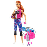 Barbie Fitness Doll, Red-Haired, with Puppy and 9 Accessories, Including Yoga Mat with Strap, Hula Hoop and Weights, Gift for Kids 3 to 7 Years Old