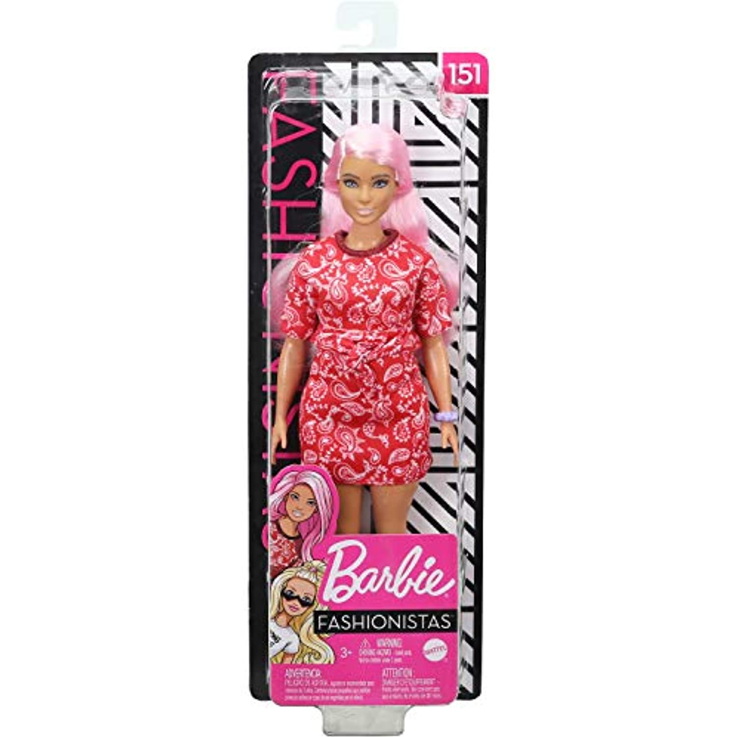 Barbie Fashionistas Doll with Long Pink Hair Wearing a Red Paisley Top & Skirt, White Sneakers & Scrunchie Bracelet, Toy for Kids 3 to 8 Years Old