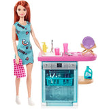 Barbie Indoor Furniture Playset, Kitchen Dishwasher with Working Door and Pull-Out Tray, Plus Dishes and Washing Accessories