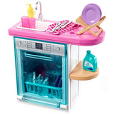 Barbie Indoor Furniture Playset, Kitchen Dishwasher with Working Door and Pull-Out Tray, Plus Dishes and Washing Accessories