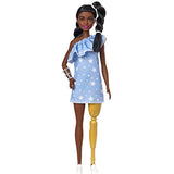 Barbie Fashionistas Doll with 2 Twisted Braids & Prosthetic Leg Wearing Star-Print Dress, White Shoes & Arm Bracelet, Toy for Kids 3 to 8 Years Old