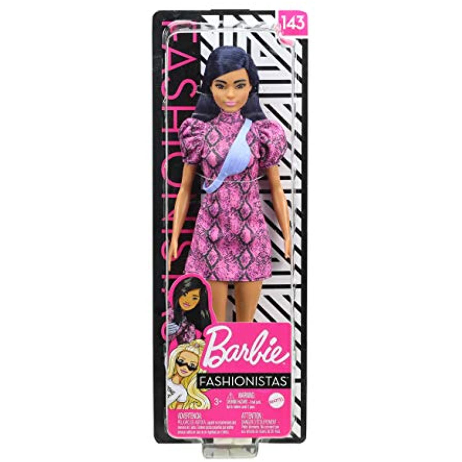 Barbie Fashionistas Doll #143, with Pink Snake Print Dress and Over The Shoulder Bag Toy for Kids 3 to 8 Years Old