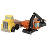 3 Item Bundle: Melissa and Doug 4550 Low Loader and 4577 Trailer Excavator Wooden Trucks + Activity Book