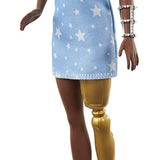 Barbie Fashionistas Doll with 2 Twisted Braids & Prosthetic Leg Wearing Star-Print Dress, White Shoes & Arm Bracelet, Toy for Kids 3 to 8 Years Old