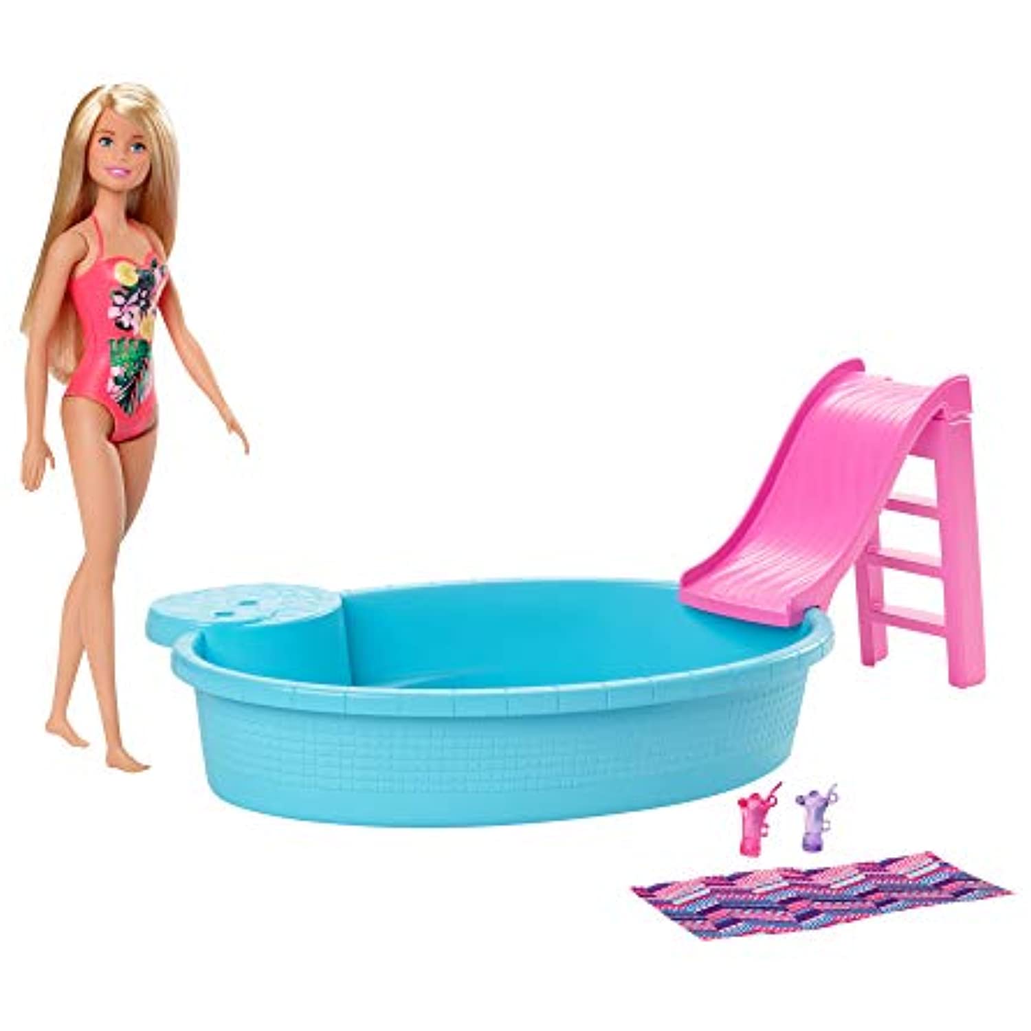 Barbie Doll, 11.5-Inch Blonde, and Pool Playset with Slide and Accessories, Gift for 3 to 7 Year Olds
