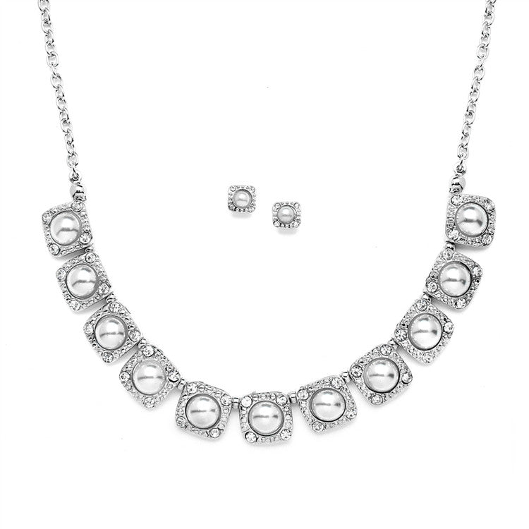 Vintage Wedding Necklace and Earring Set with Silvery White Pearls 4244S