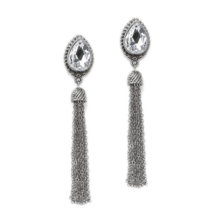 Antique Silver Crystal Pear Tassle Earring 4330E