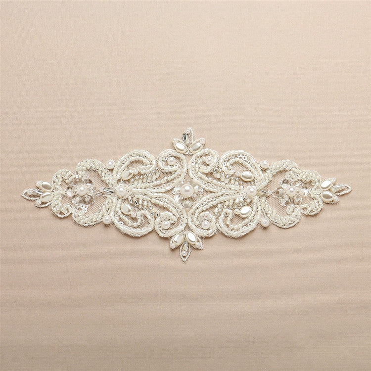 Beaded Wedding Dress Applique for Waist or Sash with Mixed Pearls 4409LA-I