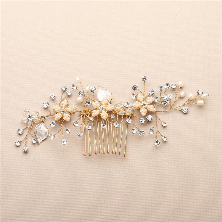 Bridal Hair Comb with Silvery Gold Leaves, Freshwater Pearl and Crystal Sprays 4425HC-I-G