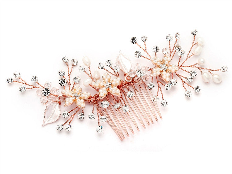 Bridal Hair Comb with Silvery Rose Gold Leaves, Freshwater Pearl and Crystal Sprays 4425HC-I-RG
