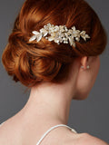 Designer Bridal Hair Comb with Hand Painted Gold Leaves and Pave Crystals 4437HC-I-LTG