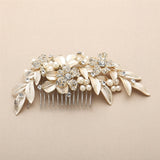Designer Bridal Hair Comb with Hand Painted Gold Leaves and Pave Crystals 4437HC-I-LTG