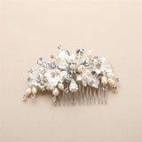 Couture Bridal Hair Comb with Hand Painted Silver Leaves, Freshwater Pearls and Crystals 4439HC-I-S
