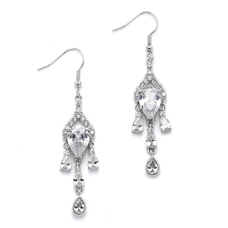 Brilliant CZ Pear Chandelier Earrrings with Bezel Set Teardrops 4503E-S
