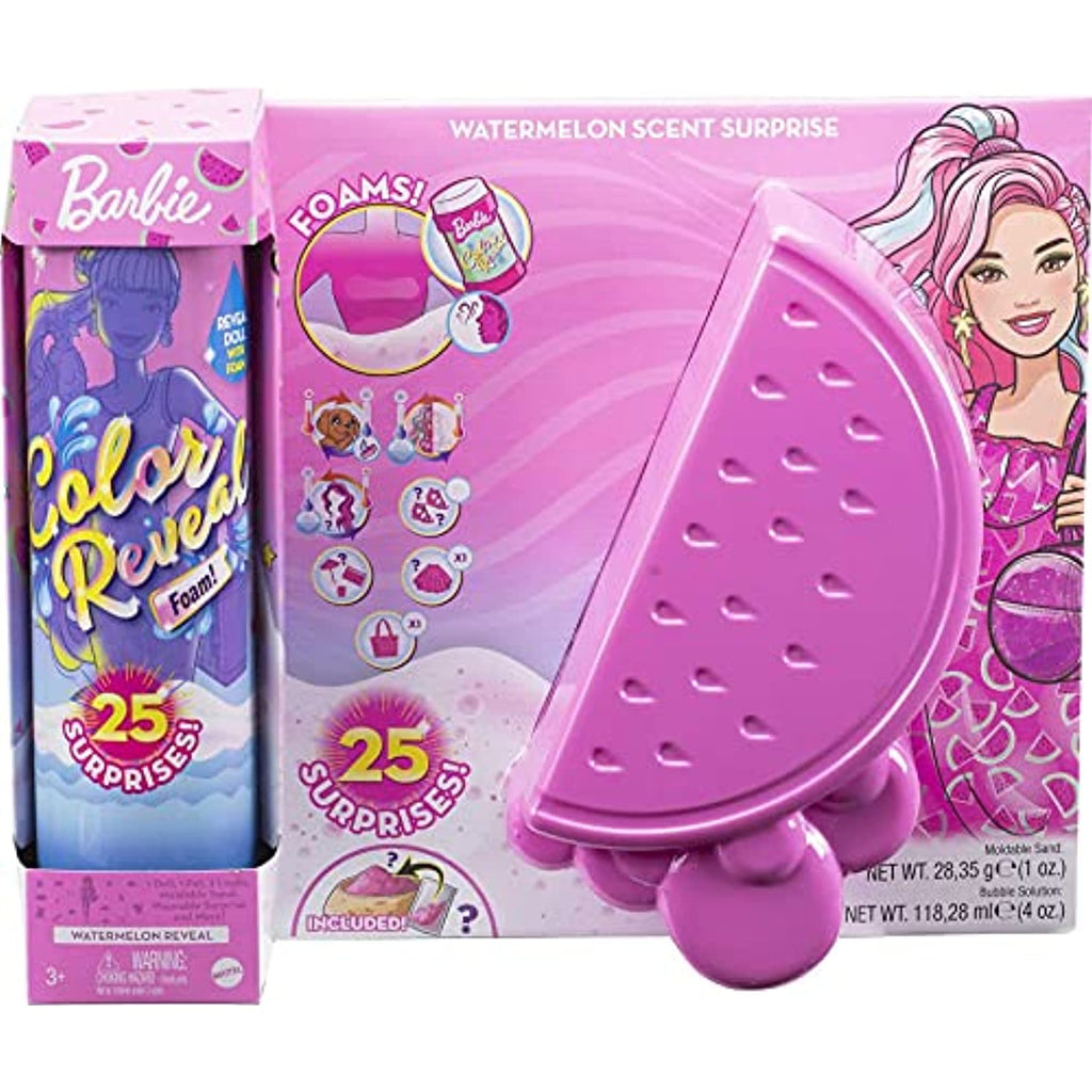 Barbie Color Reveal Foam! Doll & Pet Friend with 25 Surprises: Scented Bubbles, Outfits, Hair Extension, Kid Bracelet & Charm Hidden in Sand; Sunny Watermelon-Theme; Gift for Kids 3 Years & Older