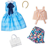 Barbie Fashions 2-Pack Clothing Set, 2 Outfits Doll Include Blue Plaid Dress, a Striped Tie Top, Floral Shorts & 2 Accessories, for Kids 3 to 8 Years Old