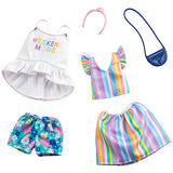 Barbie Clothes: 2 Outfits Doll Include A Top with ‘Weekend Mode’ Graphic, Floral Shorts and A Striped Top and Skirt with Purse and Headband, Gift for 3 to 8 Year Olds
