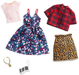 Barbie Clothes: 2 Outfits Doll Include A Floral Dress, Striped T-Shirt, Animal-Print Skirt, Plaid Top, Piano Key Purse and Necklace, Gift for 3 to 8 Year Olds