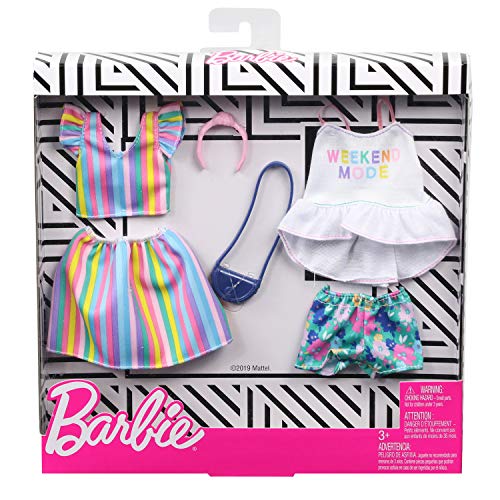 Barbie Clothes: 2 Outfits Doll Include A Top with ‘Weekend Mode’ Graphic, Floral Shorts and A Striped Top and Skirt with Purse and Headband, Gift for 3 to 8 Year Olds