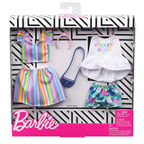 Barbie Clothes: 2 Outfits Doll Include A Top with ‘Weekend Mode’ Graphic, Floral Shorts and A Striped Top and Skirt with Purse and Headband, Gift for 3 to 8 Year Olds