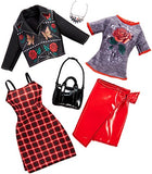 Barbie Fashionistas Kit vtements, 2 tenues pour poupe, dont robe, jupe, t-shirt, veste et accessoires, jouet pour enfant, FKT28