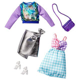 Barbie Fashions 2-Pack Clothing Set, 2 Outfits Doll Include Iridescent Sweatshirt, Silvery Metallic Skirt, Gingham Dress & 2 Accessories, for Kids 3 to 8 Years Old