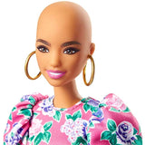 Barbie Fashionistas Doll with No-Hair Look Wearing Pink Floral Dress, White Booties & Earrings, Toy for Kids 3 to 8 Years Old, Multi