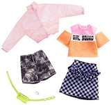 Barbie Clothes: 2 Outfits Doll Include A Jacket, ‘Girl Squad’ Top, Checked Skirt, Denim Shorts, Fanny Pack and Watch, Gift for 3 to 8 Year Olds