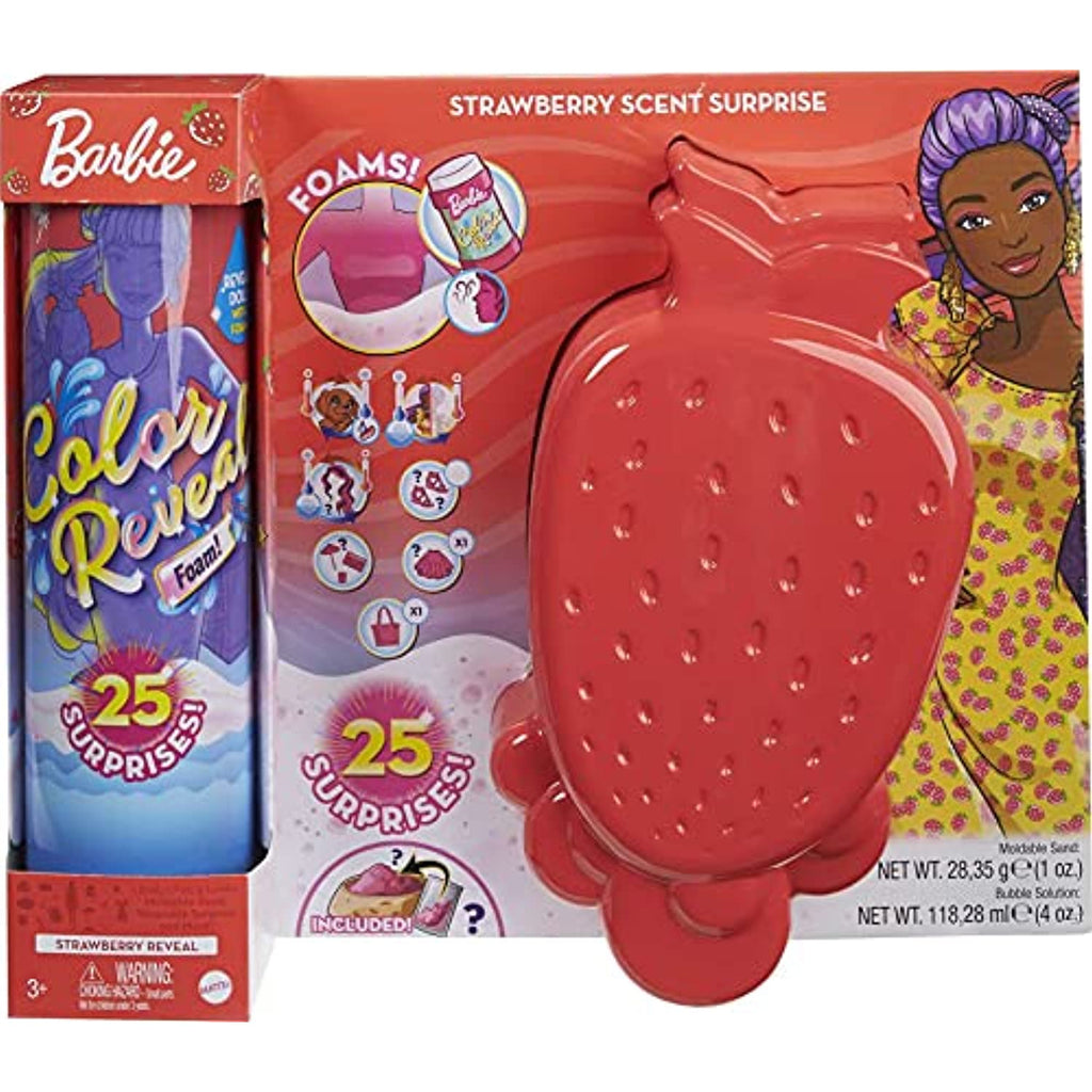 Barbie Color Reveal Foam! Doll & Pet Friend with 25 Surprises: Scented Bubbles, Outfits, Hair Extension, Kid Bracelet & Charm Hidden in Sand; Sunny Strawberry-Theme; Gift for Kids 3 Years & Older