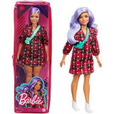 Barbie Fashionistas Doll #157, Curvy with Lavender Hair Wearing Red Plaid Dress, White Cowboy Boots & Teal Cross-Body Cactus Bag, Toy for Kids 3 to 8 Years Old
