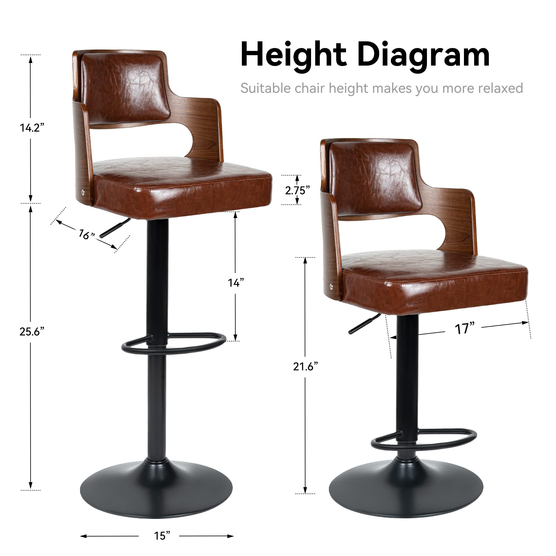 SSG Bar Stools Set of 2 Morden Height Counter Bar Stools with Wood Back Thickened Seat Swivel Adjustable Stool Chair for Home Kitchen Island Whisky Brown