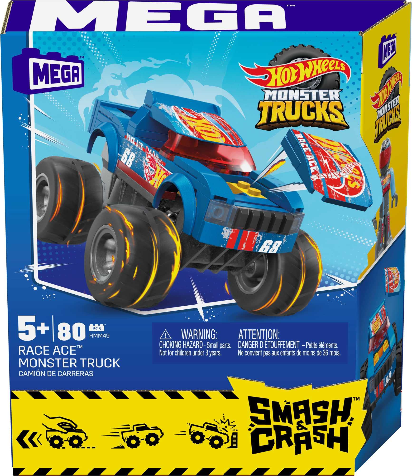 Mega Hot Wheels Smash 'n Crash Race Ace Monster Truck 80 pcs Building Set w/ Micro Figure Driver Figure