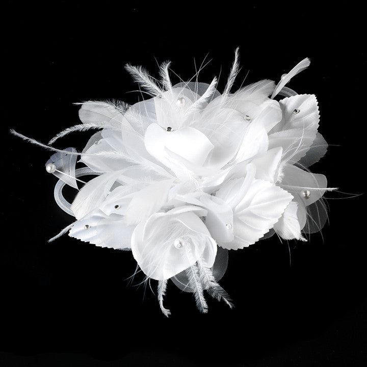 Bridal Flower Headpiece with Crystals & Feathers Clip 1142 White or Ivory