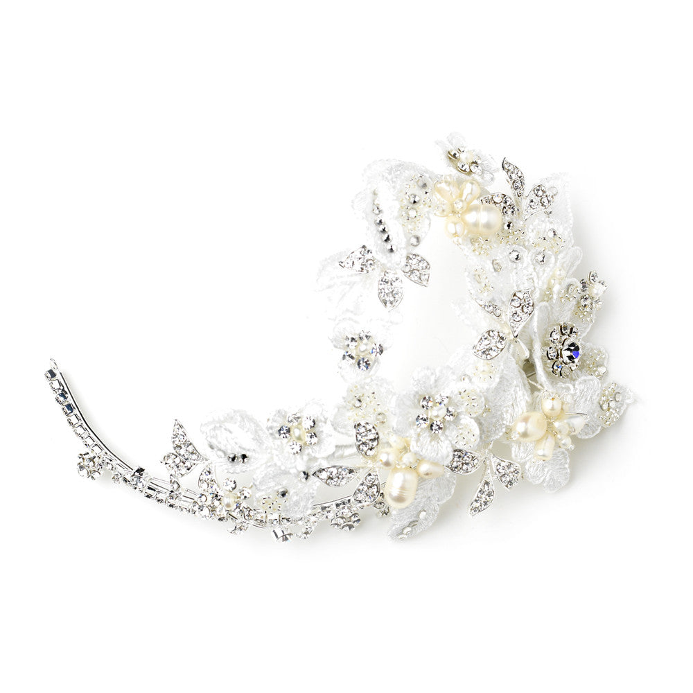 Silver Fabric Freshwater Pearl & Rhinestone Flower Hair Clip 9634