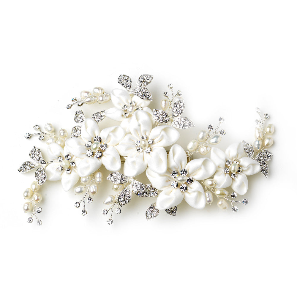 Silver Ivory Freshwater Pearl & Rhinestone Flower Hair Clip 9636