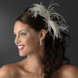 Elegant White or Ivory Feather Fascinator Comb w/ Rhinestones & Austrian Crystals 2195