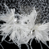 Feather Fascinator Flower with Crystal & Rhinestone Detailing & Russian Birdcage Blusher Veil White 3219