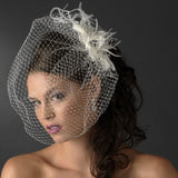 Feather Fascinator Flower with Crystal & Rhinestone Detailing & Russian Birdcage Blusher Veil White 3219