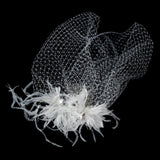 Feather Fascinator Flower with Crystal & Rhinestone Detailing & Russian Birdcage Blusher Veil White 3219