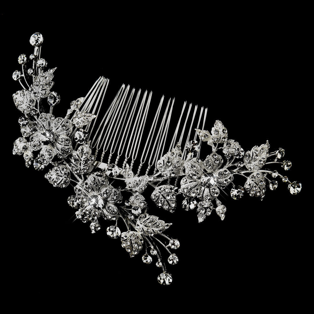 Antique Rhodium Silver Clear Rhinestone Floral Vine Comb 4401